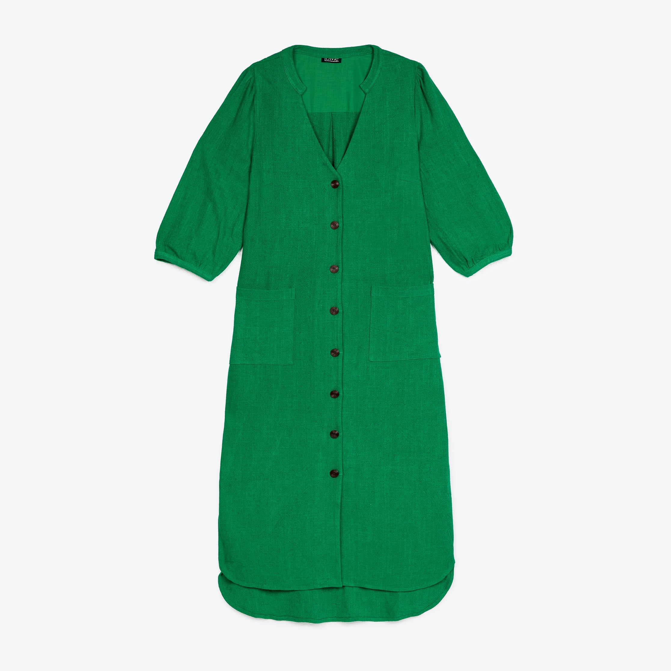 Lowie Women's Linen Viscose Emerald Green Button Through Midi Dress - Perfect for Summer Outings, Beach Vacations & Casual Office Wear