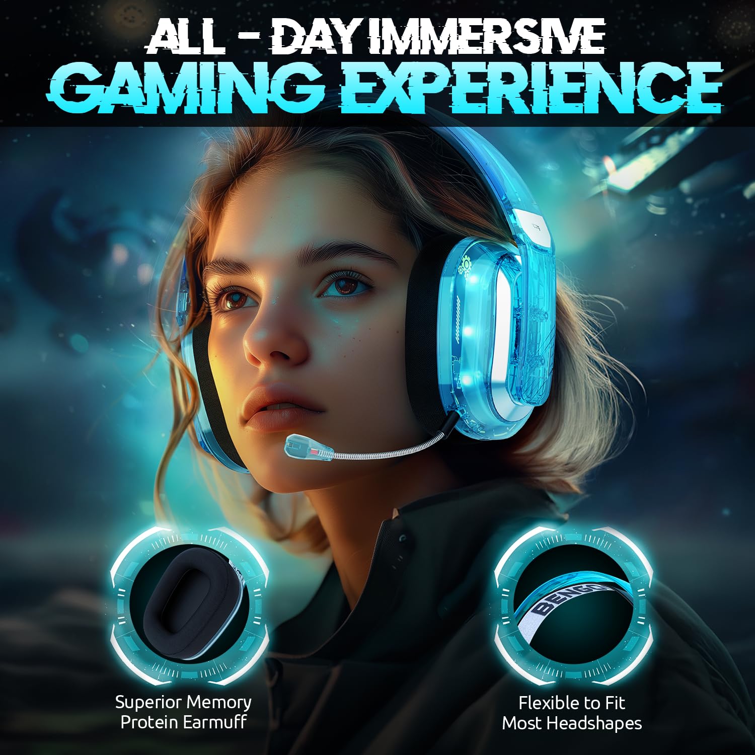 BENGOO Wireless Gaming Headset for PS5, PS4, PC, Nintendo Switch, Mac - 2.4GHz USB & Bluetooth 5.3 Over-Ear Headphones with RGB Lights, Noise-Canceling Mic, 3.5mm Wired - Perfect for Gaming, Streaming & Online Classes