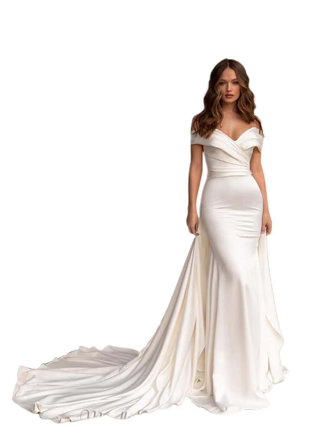Elegant Off Shoulder Mermaid Wedding Dress for Bride - Satin Bridal Gown with Detachable Skirt | Simple & Romantic Beach/Church/Outdoor Wedding Ceremony Dress