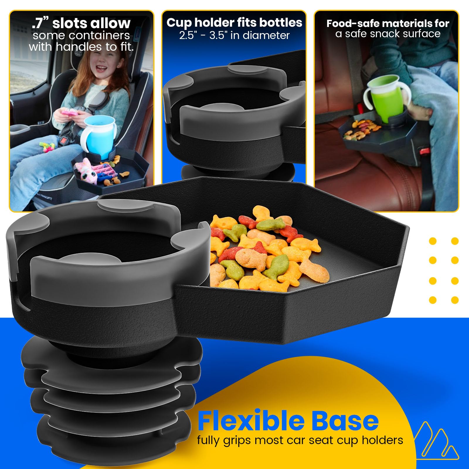 Kids Travel Tray with Large Base - Car Seat Organizer with Cup Holder for Snacks, Toys & Entertainment - Universal Fit for Most Vehicles | Perfect for Road Trips, Long Drives & Family Vacations