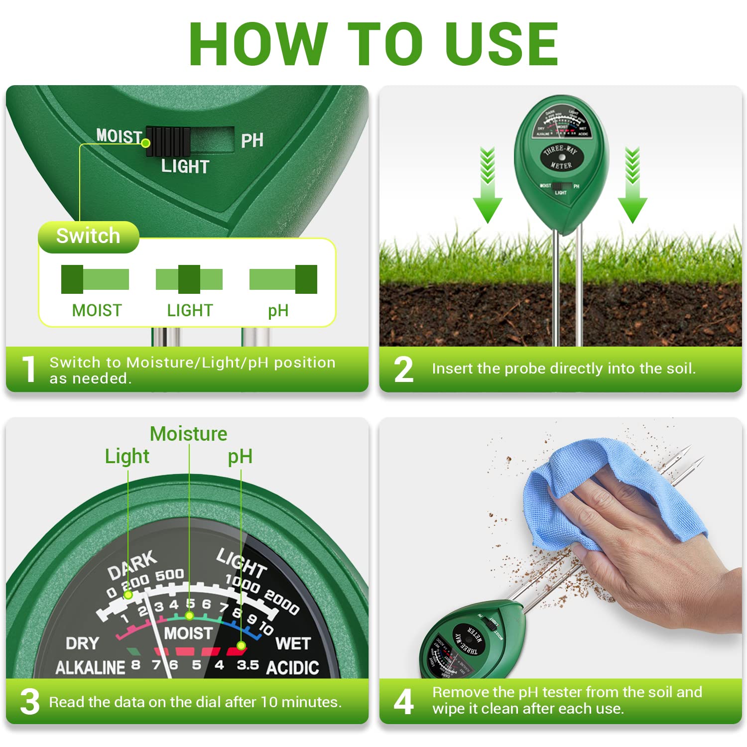 Dr.meter 3-in-1 Plant Moisture Meter - Soil Moisture, Light & pH Tester for Indoor/Outdoor Plants | No Batteries Needed | Perfect for Gardening, Houseplants & Lawn Care
