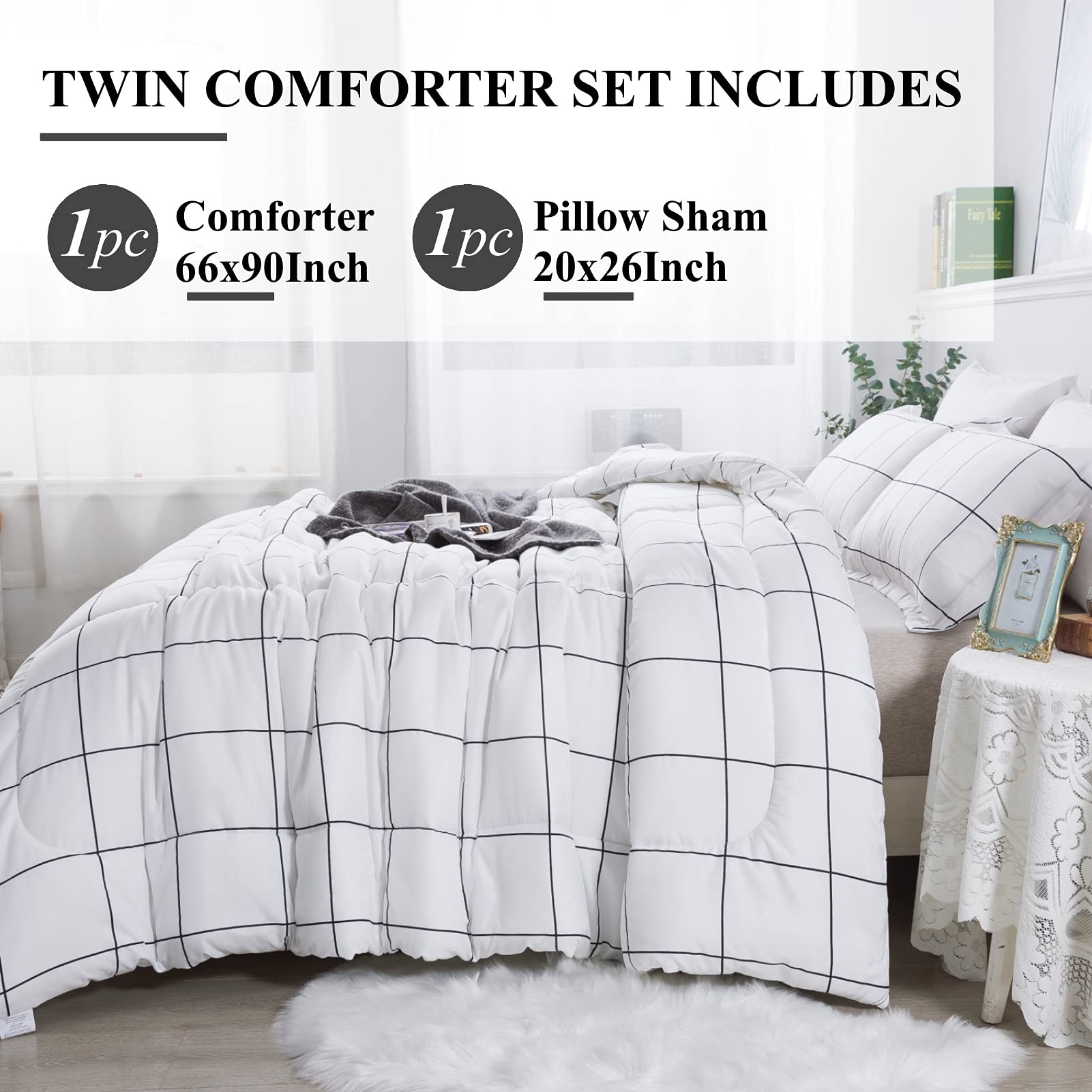 Andency White Grid Comforter Set Twin Size (66x90 Inch) - 2 Piece Lightweight Microfiber Bedding Set with Plaid Design & Pillowcase | Perfect for Dorm Rooms, Guest Beds & Cozy Bedroom Decor