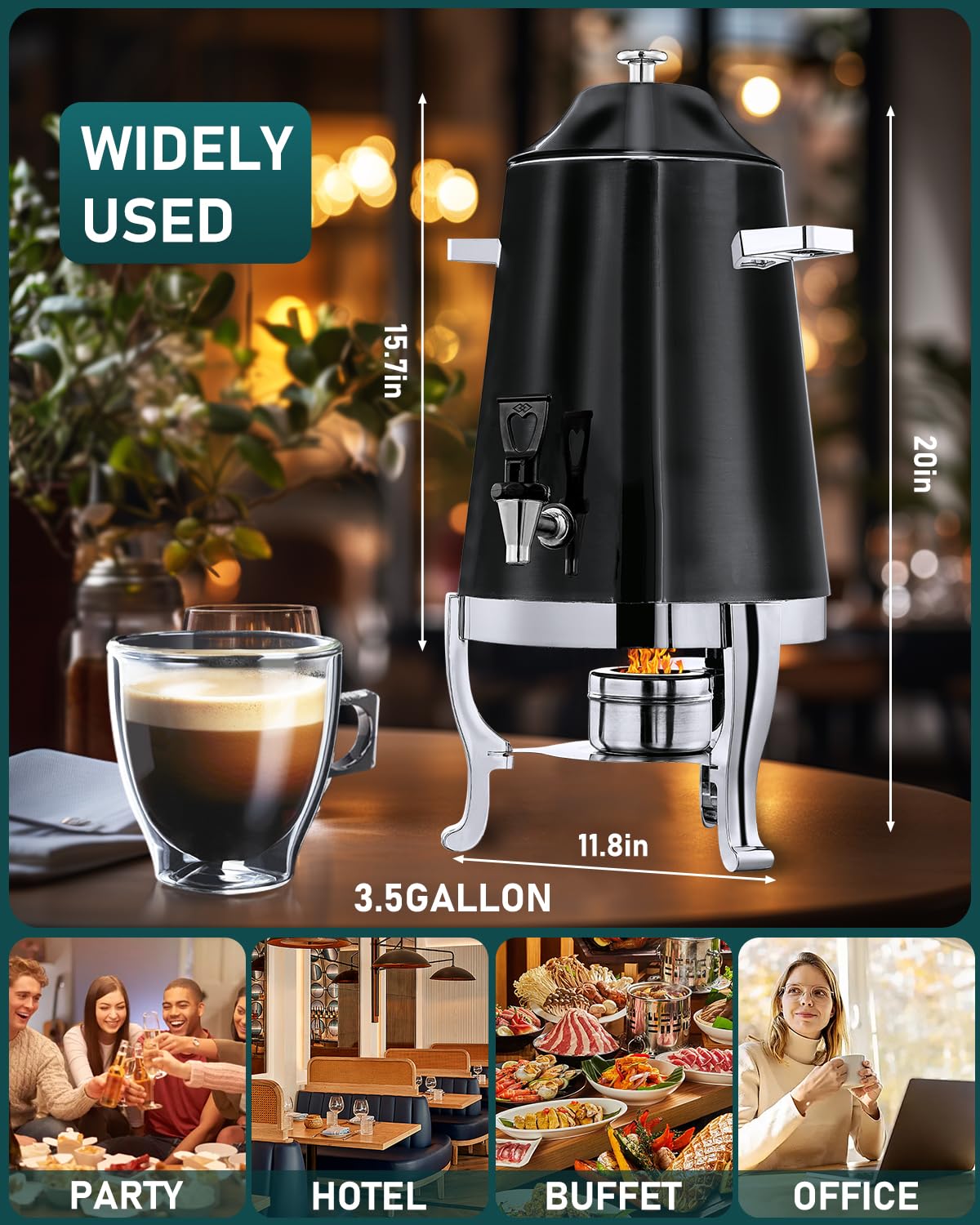 **13L Stainless Steel Coffee Urn with Fuel Holder & Spigot - 3.5 Gallon Hot Beverage Dispenser for Coffee, Tea, Hot Water - Perfect for Parties, Catering & Events (Painted Black, Includes Stand)**