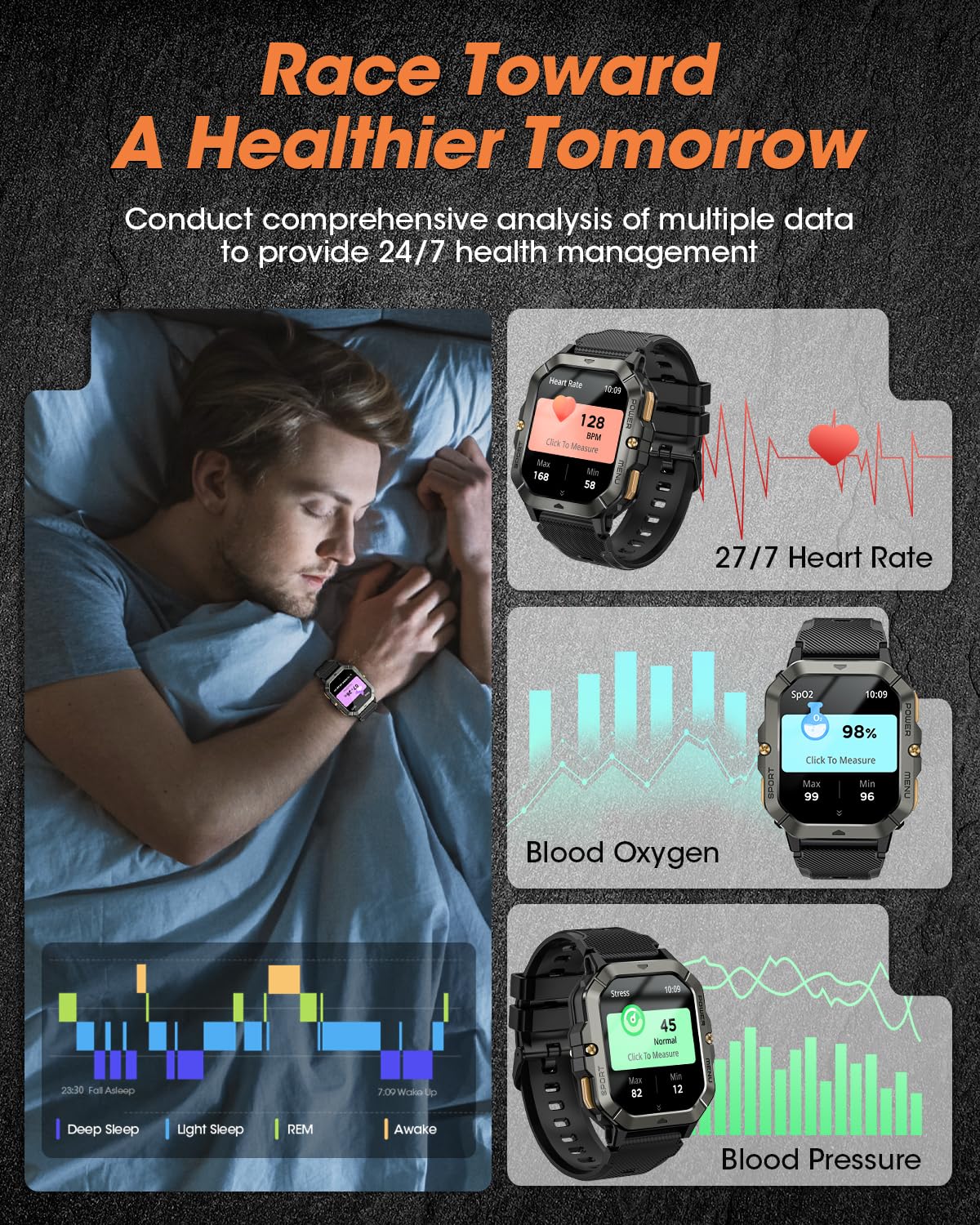Military Smart Watch for Men - 2.02'' Fitness Tracker with Call Function, Blood Pressure, Heart Rate & Sleep Monitor, 100+ Sport Modes, Waterproof for Android & iPhone - Perfect for Outdoor Adventures, Workouts & Daily Use
