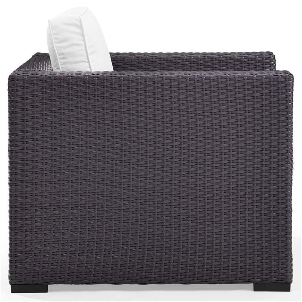 White/Brown Wicker Rattan Fabric Patio Arm Chair - Outdoor Garden, Poolside, or Balcony Relaxation Furniture