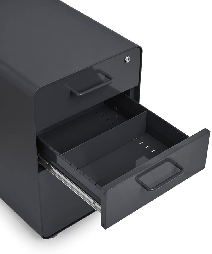 Poppin Stow 3-Drawer File Cabinet in Charcoal - 2 Utility Drawers & 1 Hanging File Drawer, Fully Painted Steel Cabinet with Keys Included for Office Organization & Home Office Storage