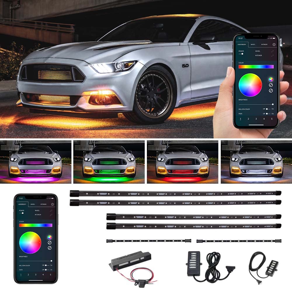LEDGlow 4-Piece Bluetooth RGB LED Underbody Underglow Kit & 2-Piece Interior Footwell Lighting for Cars - 16 Million Colors - Smartphone App Control - Customizable Courtesy Lights - Perfect for Car Shows, Night Driving & Vehicle Customization