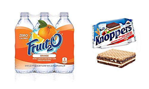 Zero Calorie Orange Flavored Water - Fruit2O Hydration Drink (6 Bottles, Pack of 4) + Knoppers 0.8oz Wafer Snacks | Refreshing Beverage for Workouts, Office & Healthy Lifestyle