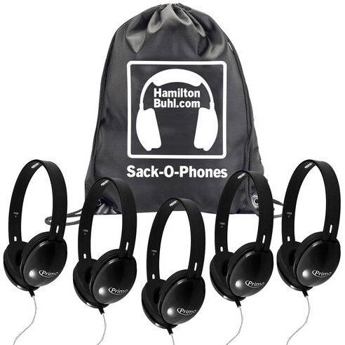 HamiltonBuhl Sack O Phones Primo Headphones 5 Pack - Durable Classroom Headphones for Kids (Red, Blue, Green) - Perfect for Schools, Libraries & Learning Centers