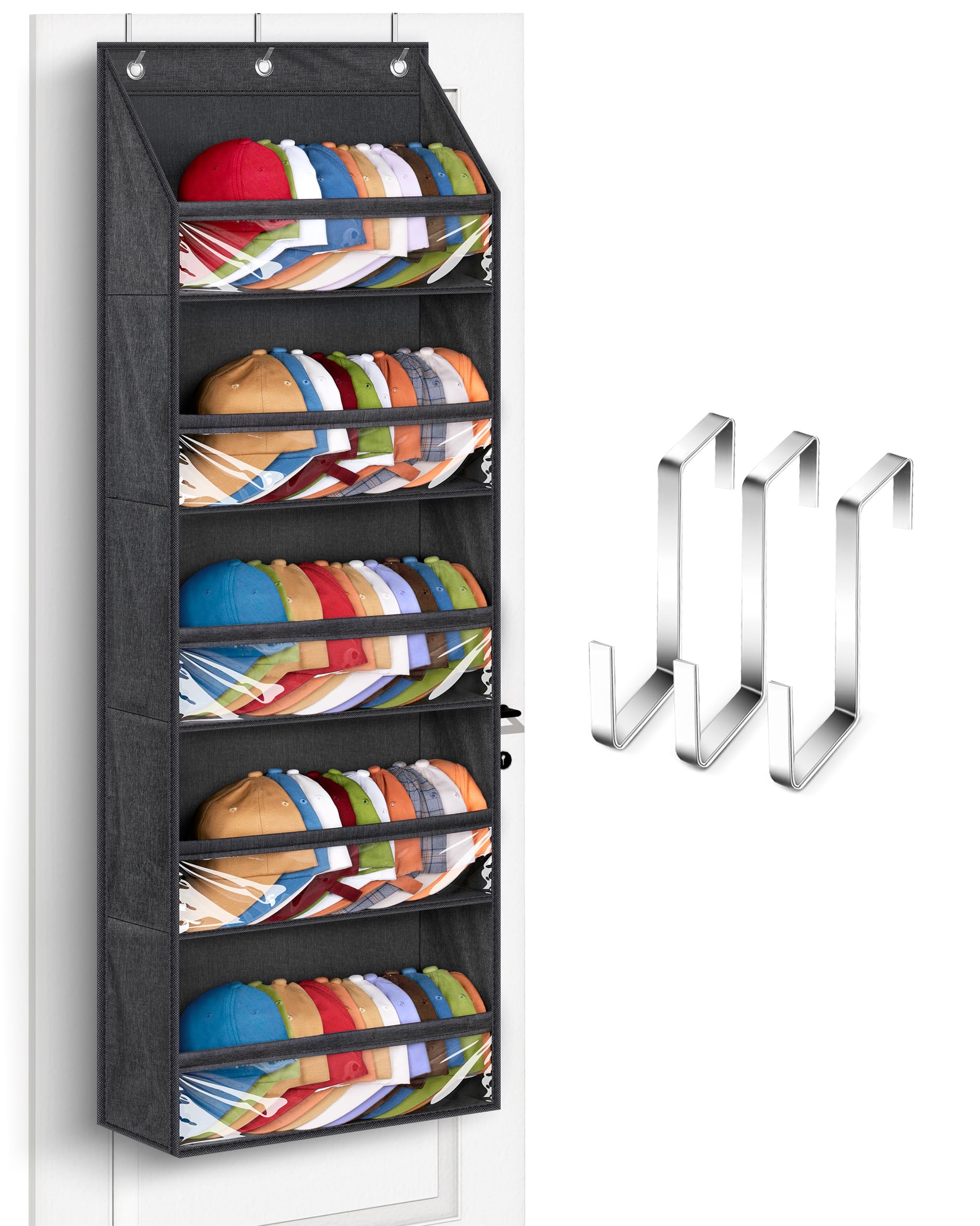 Over Door Baseball Cap Organizer - SLEEPING LAMB Clear Deep Pocket Hat Rack for Closet or Wall, Holds 60 Hats with 3 Hooks, Black - Perfect for Bedroom, Entryway & Dorm Storage Solutions