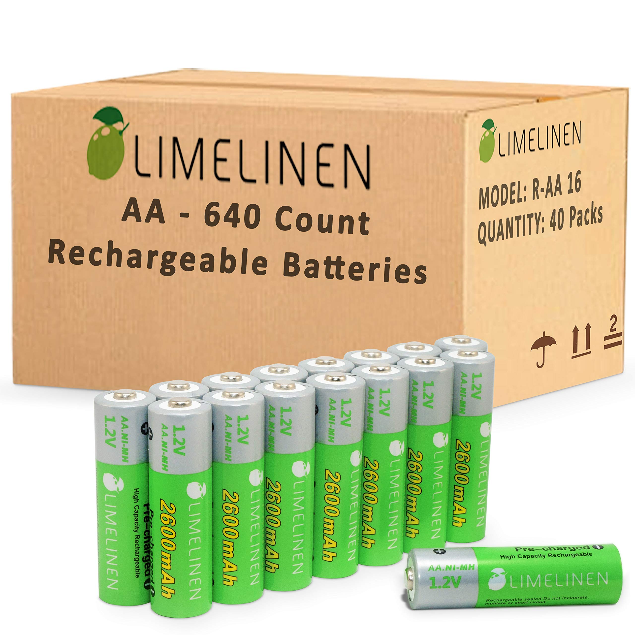 LIMELINEN AA Rechargeable Batteries 2600mAh Ni-MH - 640 Pack High Capacity Pre-Charged for Cameras, Toys, Flashlights & Electronics