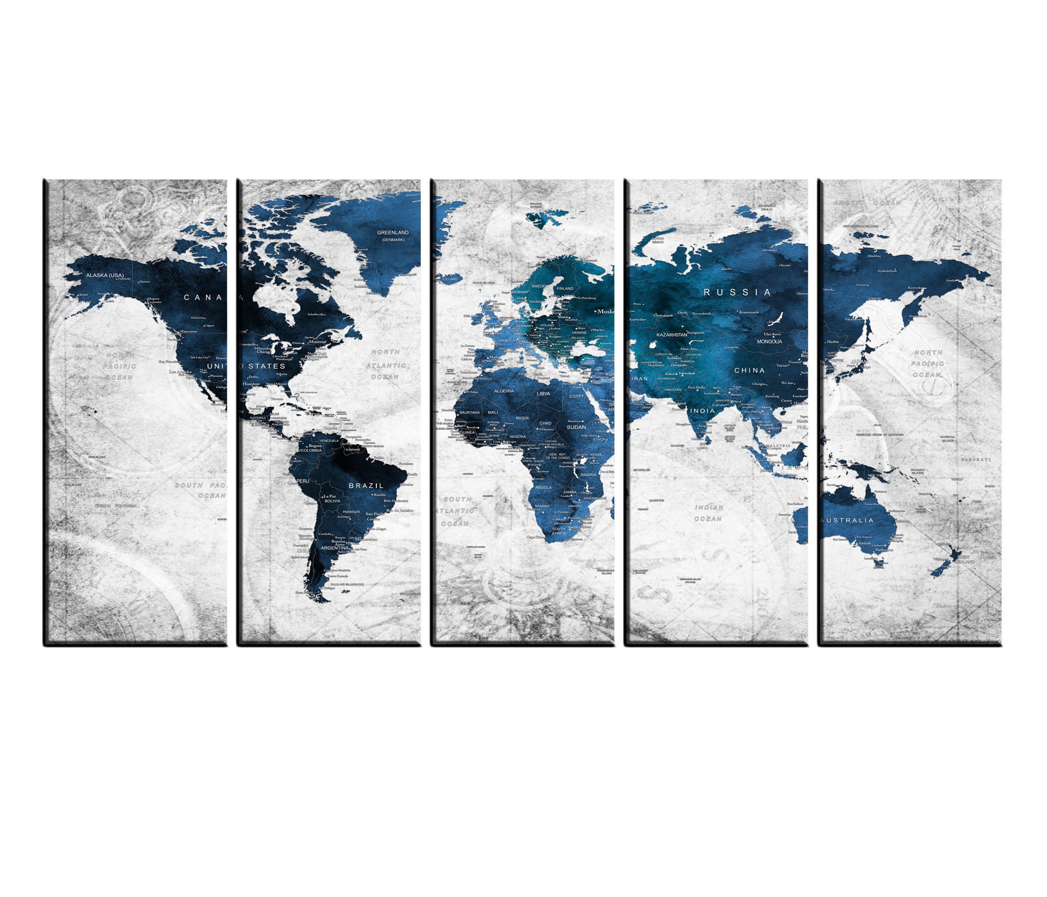 Blue Push Pin World Travel Map Wall Art Canvas - Watercolor World Atlas Map Wall Decal with Countries, Multi Panel Canvas Wall Decor for Office, Living Room & Bedroom | Perfect for Travel Lovers & Home Decor