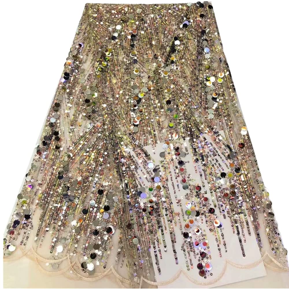Shiny Sequins African Tulle Lace Fabric - French Net Embroidery Lace Material for Wedding Dresses, Costumes & DIY Crafts (7 Colors, 5 Yards, Gold Sequins) - Perfect for Bridal Gowns, Dance Costumes & Home Decor Projects