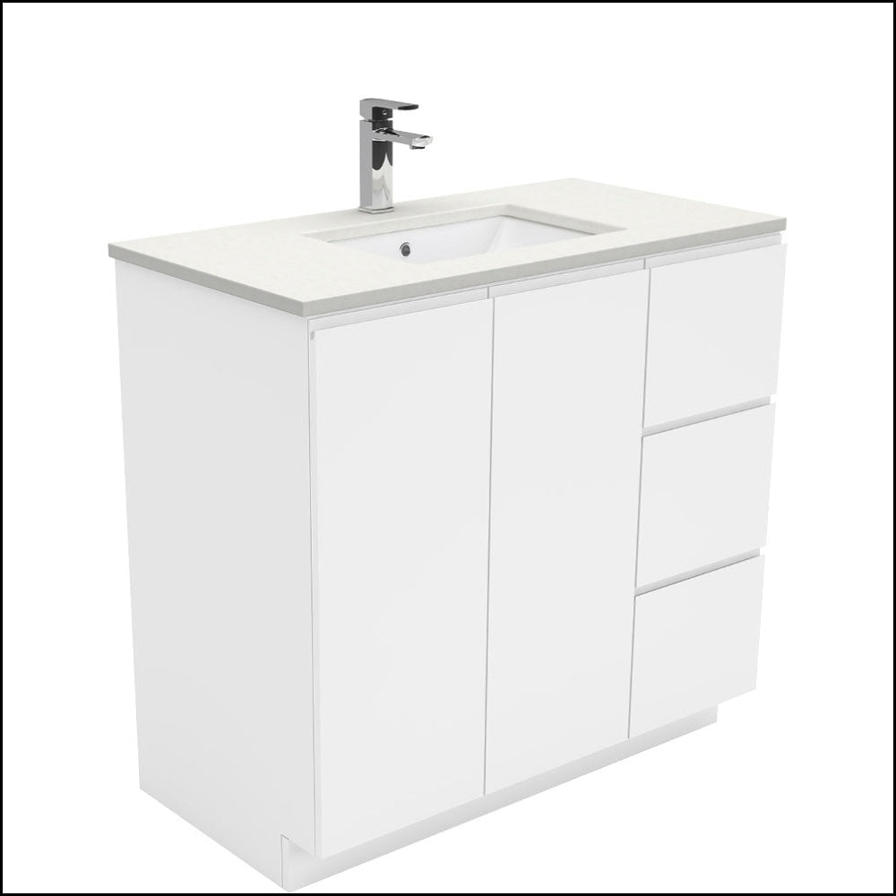 Fienza SC90CR 900mm White Undermount Vanity Unit with Crystal Pure Stone Top, Fingerpull Design & Right Drawers - Perfect for Modern Bathrooms & Powder Rooms
