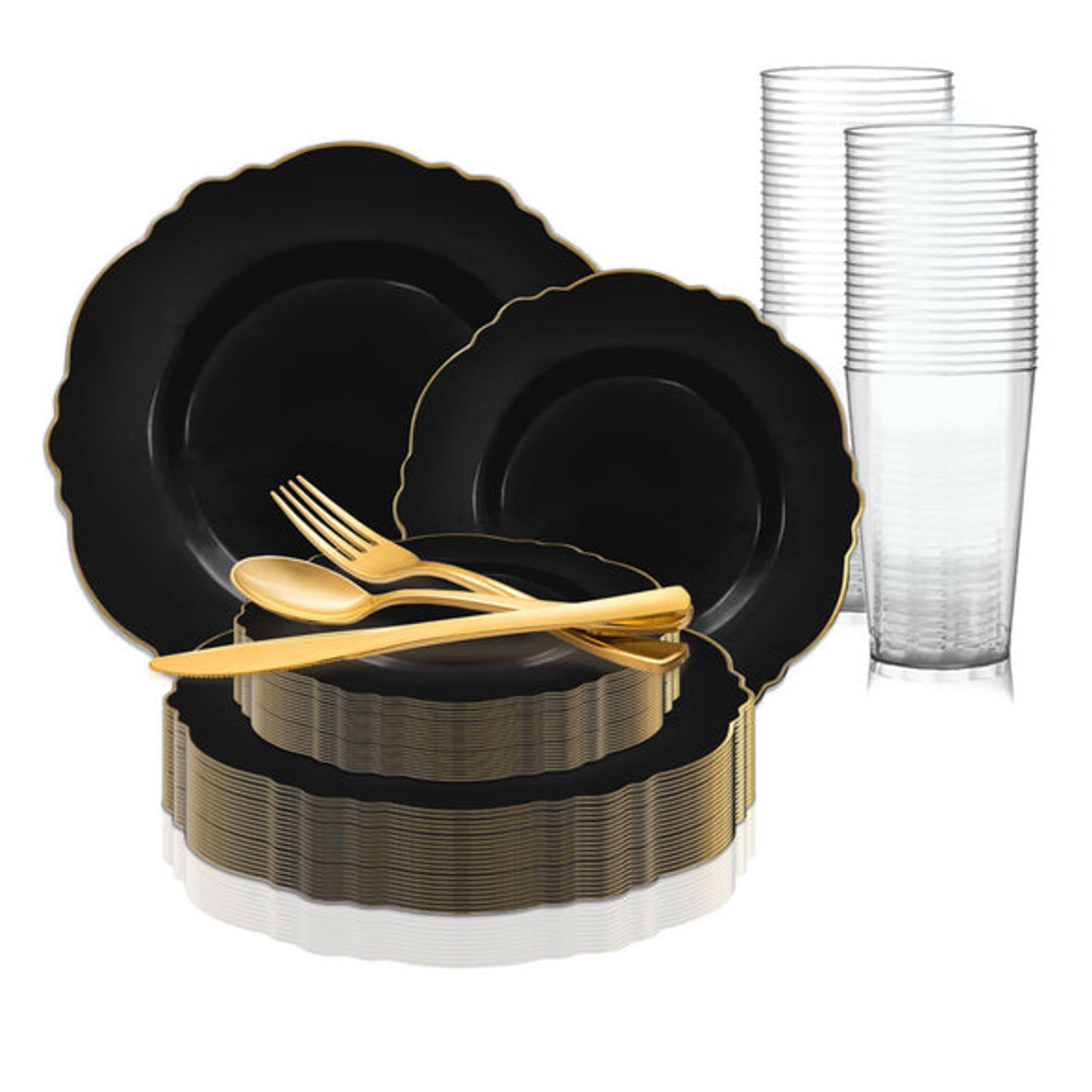 Elegant Disposable Plastic Plates Set - 120-Piece Wedding Dinnerware Package with Dinner Plates, Salad Plates, Spoons, Forks, Knives & Cups (Black & Gold) - Perfect for Weddings, Parties, Catering & Special Events