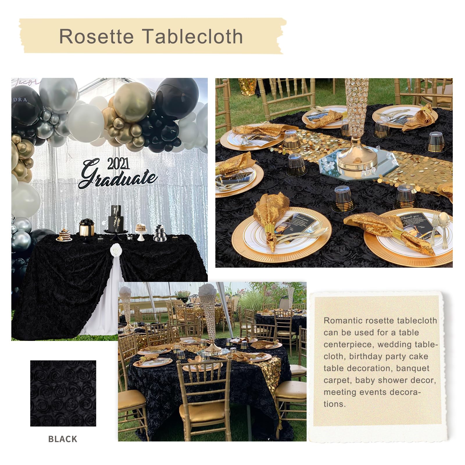 3D Floral Satin Rosette Tablecloth - Black Rectangular 50x102 Inches Wedding Table Runner for Bridal Shower, Baby Shower, Banquet & Party Decorations | Elegant Dining Table Cover for Special Events & Home Decor