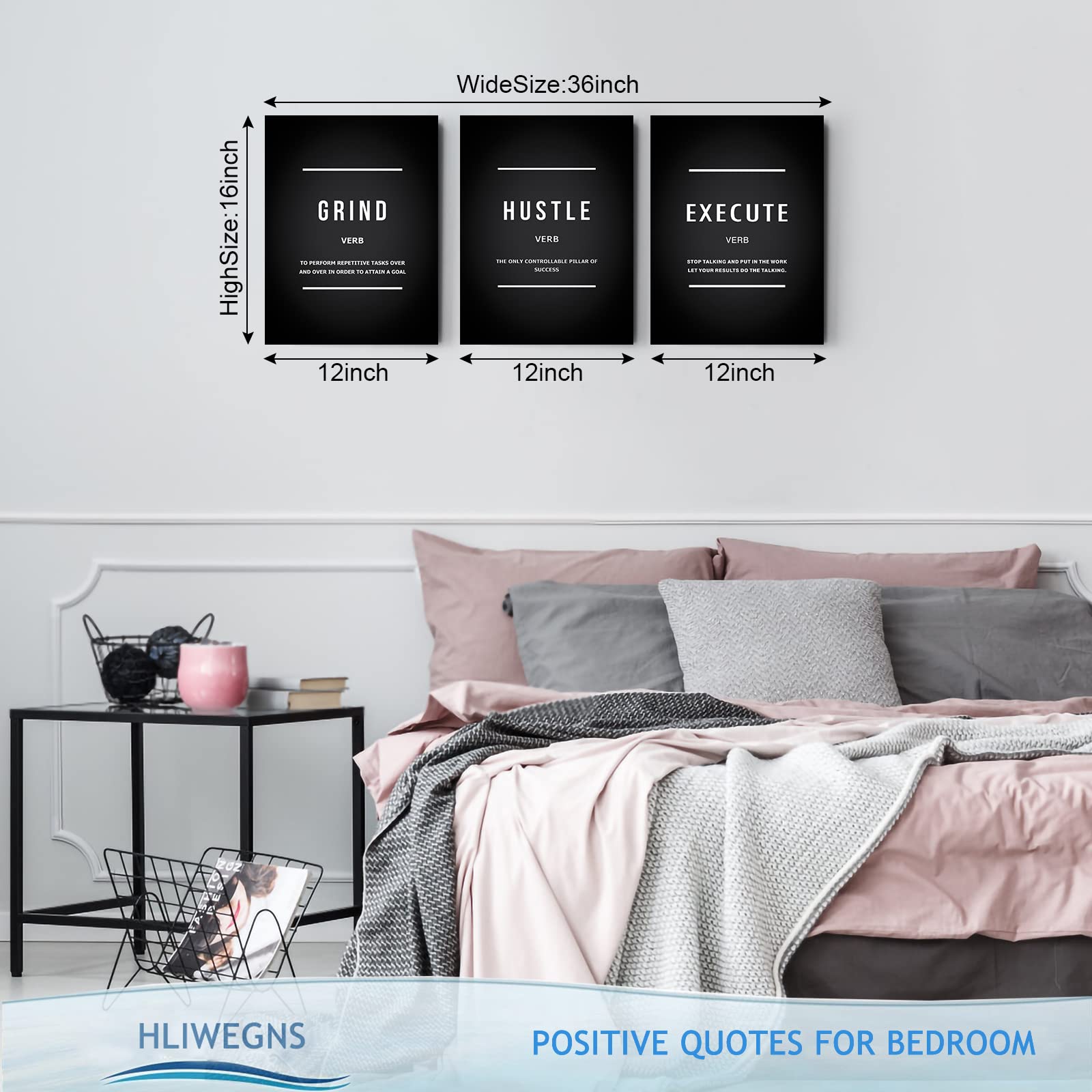 Grind Hustle Execute Motivational Canvas Wall Art Set - 12x16 Inch 3-Piece Inspirational Quotes Posters for Office & Home Decor | Positive Affirmation Success Wall Hanging | Perfect Gift for Workplace, Gym & Study Room