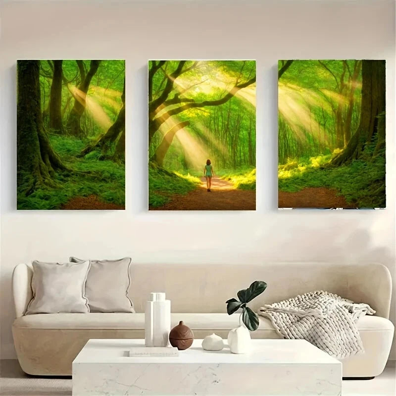 3-Piece Forest Path Walking Metal Wall Art - Ready to Hang Nature Prints for Living Room, Bedroom & Office Decor