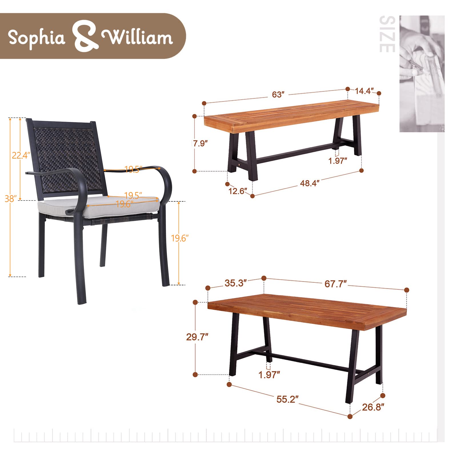 Sophia & William 6-Piece Outdoor Dining Set - 4 PE Rattan Chairs, Acacia Wood Table & Bench with Cushions - Patio Furniture for Backyard, Deck, Porch or Garden - Perfect for Family Gatherings & Summer BBQs