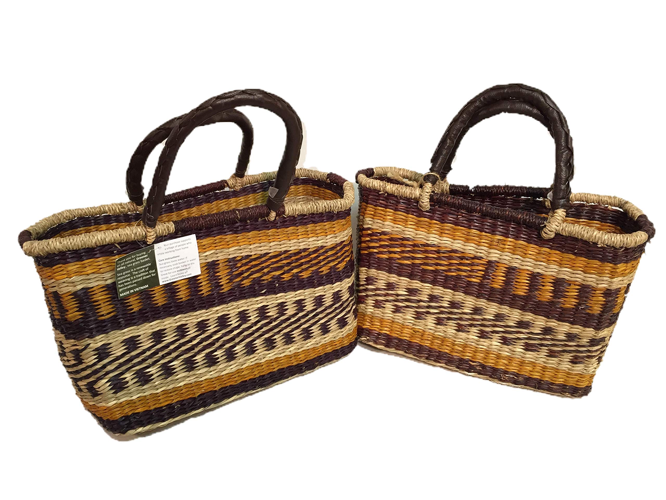 Eco-Friendly Handwoven Seagrass Reusable Shopping Bags - Natural Yellow/Brown Set of 2 for Groceries, Farmers Market, Beach Picnics & Sustainable Lifestyle