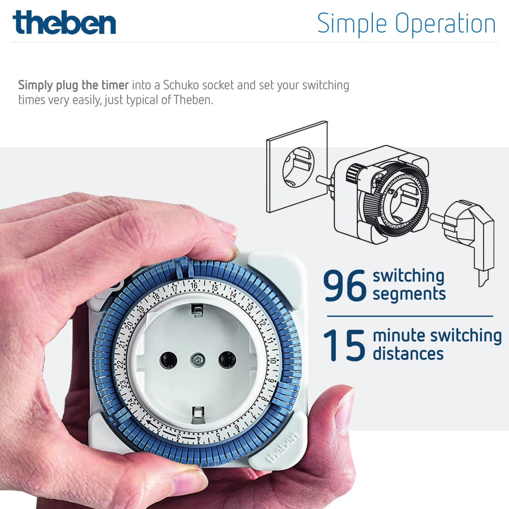 Theben 0260030 theben-Timer 26 - Analog Timer Switch, Outlet Timer, Programmable Plug, White, Up to 400W LED Switching Capacity (3-Pack) - Perfect for Home Automation, Energy Saving & Holiday Lighting Control