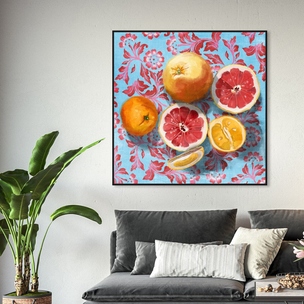Tropical Citrus Still Life Blue Framed Canvas Wall Art Print - Sour Fruit Kitchen Decor for Cabin & Lodge - Perfect for Farmhouse, Dining Room & Country Style Homes