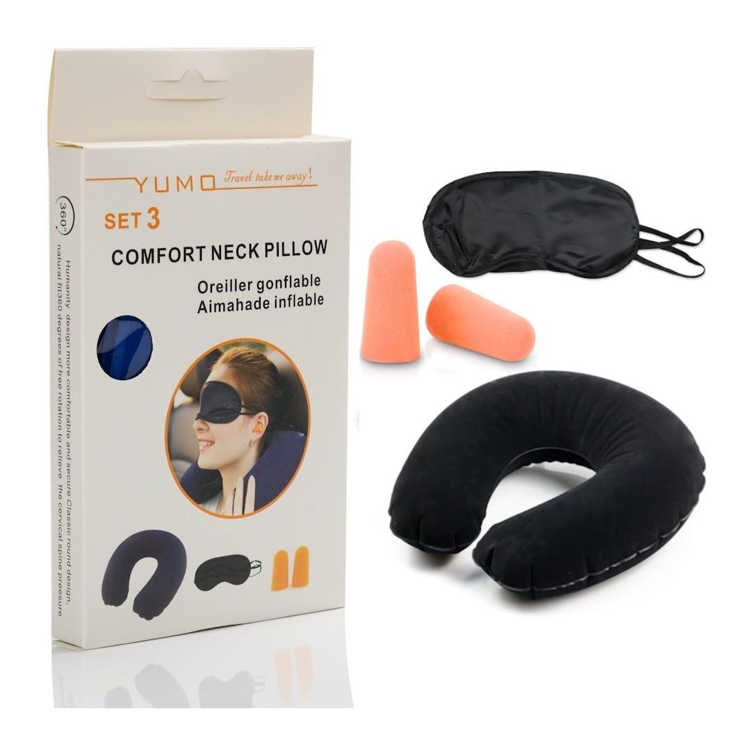 3 in 1 Travel Set - Neck Pillow, Eye Mask & Ear Plugs for Ultimate Comfort | RelaxRide Travel Essentials | Perfect for Airplane, Train, Bus & Road Trips | Soft & Supportive Multicolor Travel Accessories | Stay Relaxed on Long Journeys & Commutes