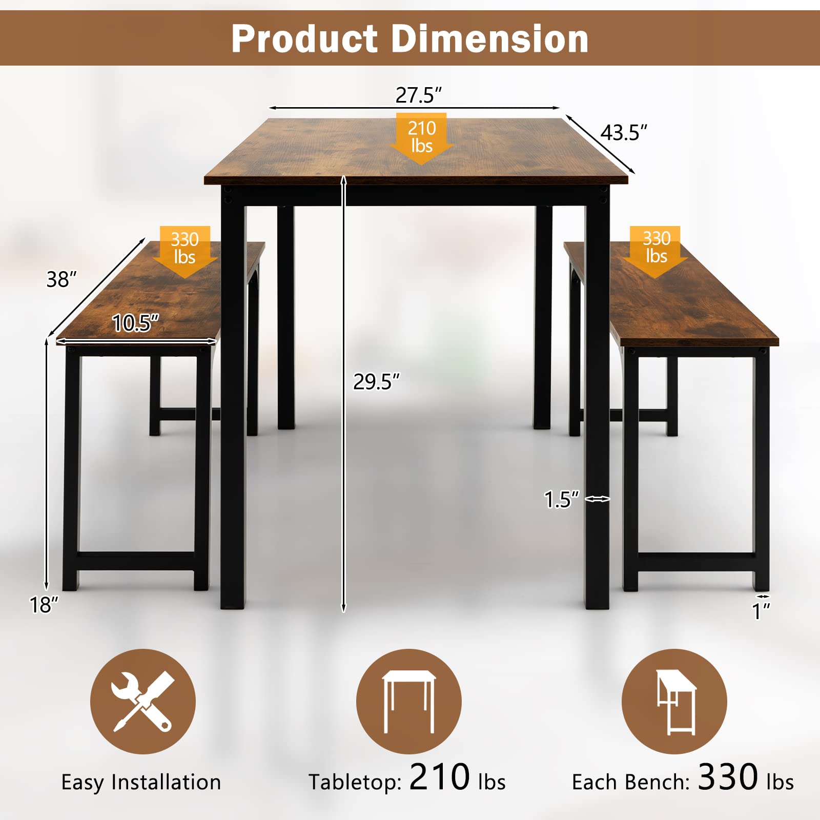 Giantex 4-Piece Industrial Dining Table Set with 2 Benches - Space Saving Kitchen Table for Breakfast Nook, Small Dining Room & Apartment - Easy Assembly Mix Brown - Perfect for Family Meals, Coffee Time & Small Space Living