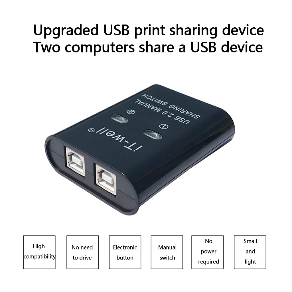 Heylulu USB Switch Selector 2-Port KVM Adapter - Share 1 USB Device Between 2 Computers for Printer, Keyboard & Mouse - USB Printer Sharing Converter (Black) - Perfect for Home Office & Multi-PC Workstations