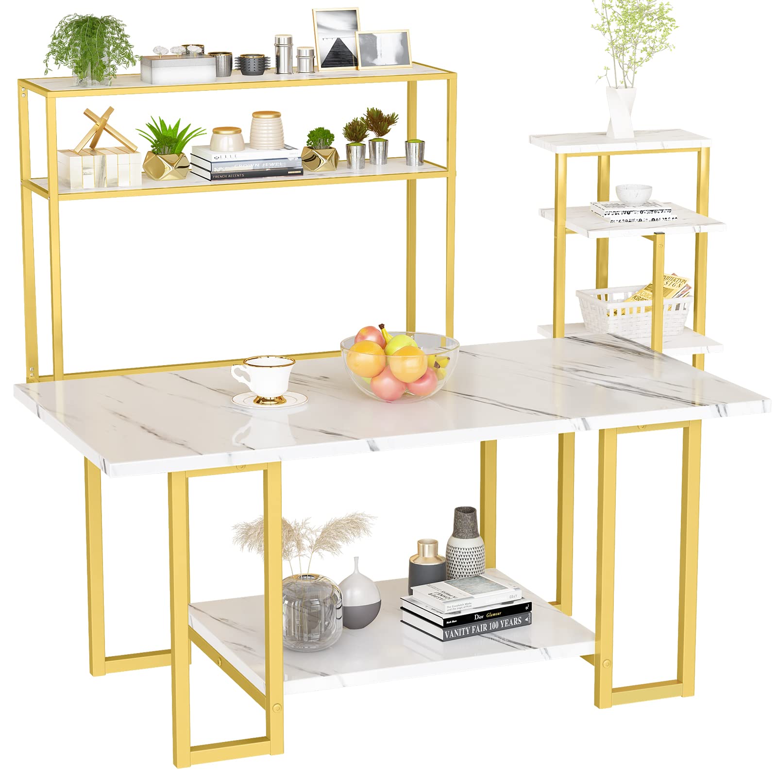Mid-Century Modern Coffee Table Set of 3 - Faux Marble Top & Metal Frame Living Room Tables with Storage Shelves - Square End Tables for Bedroom, Office - Easy Assembly - Perfect for Small Spaces & Entertaining