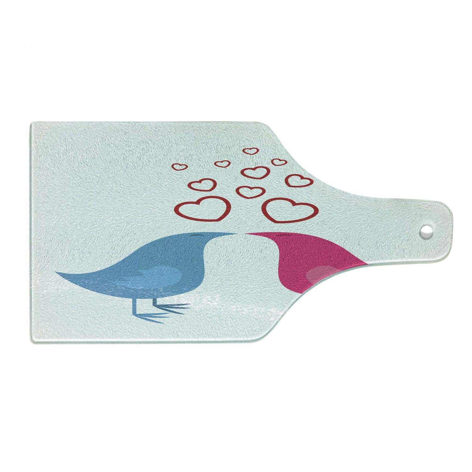 Ambesonne Love Themed Tempered Glass Cutting Board - Beak Birds Heart Symbols Romance Pattern, White Hot Pink Blue - Decorative Serving Board for Kitchen, Wine Bottle Shape - Perfect for Valentine's Day Gifts, Anniversary Presents & Romantic Dinner Settings
