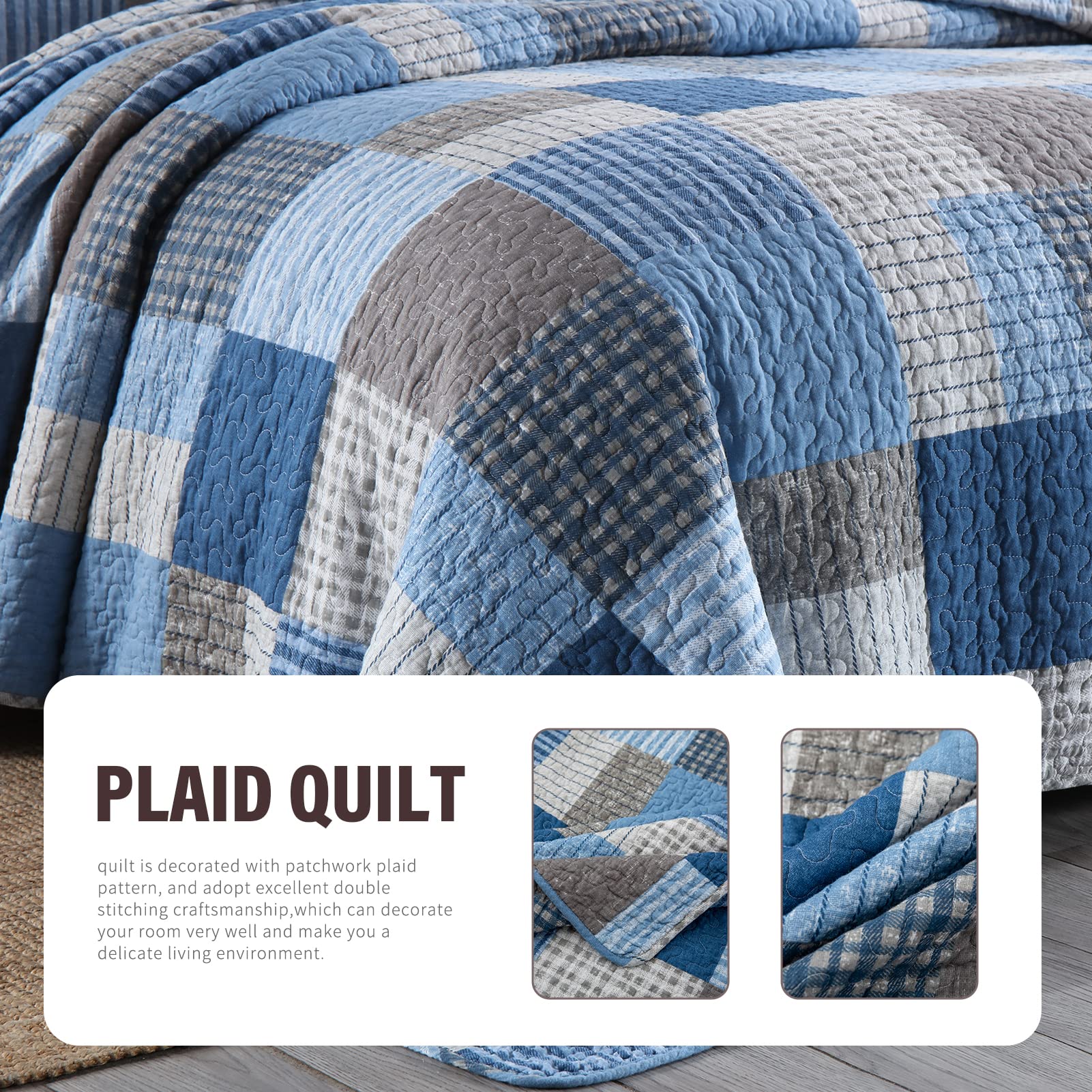 Y-PLWOMEN 100% Cotton Plaid King Size Quilt Set - Farmhouse Style Lightweight Breathable Bedspread with 2 Pillow Shams, Blue Navy, 98x106 Inch | Perfect for Cozy Bedroom Decor, Guest Room & Seasonal Home Styling