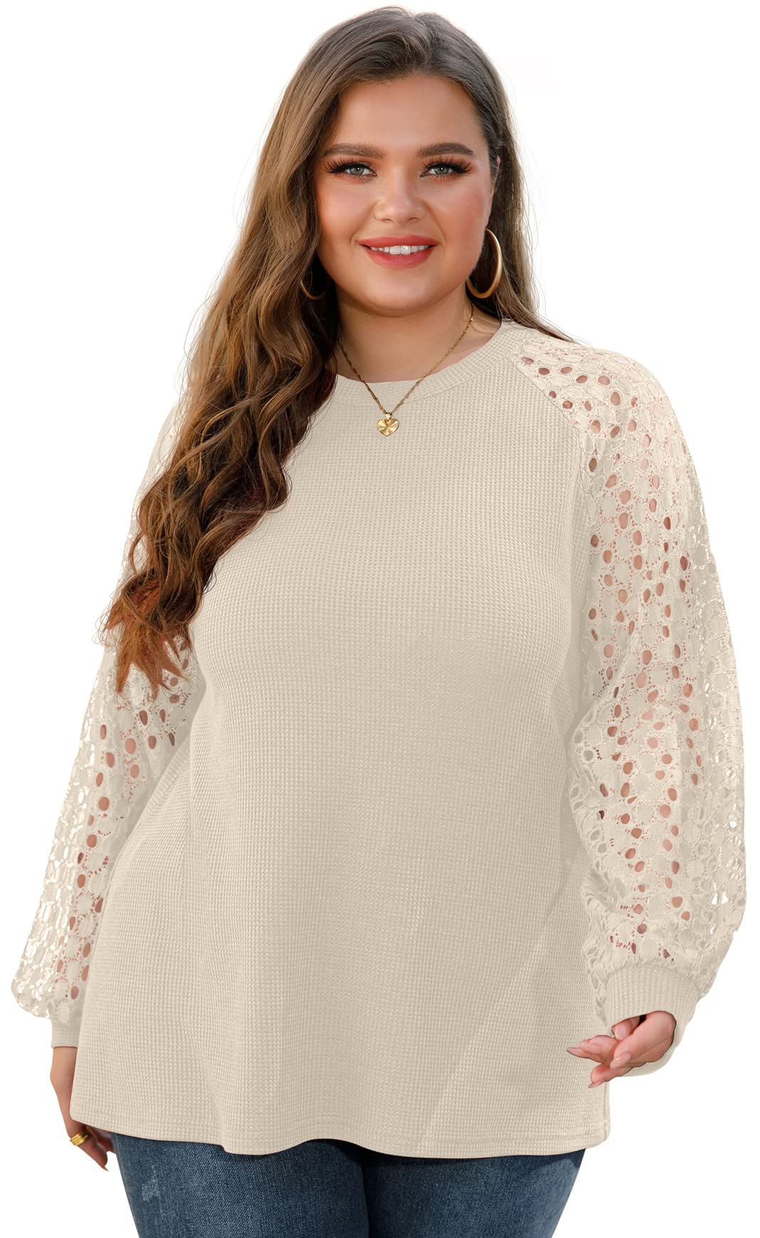 OLRIK Women's Plus Size Lace Sleeve Blouse - Waffle Knit Long Sleeve Tops for Casual Wear & Office Outfits