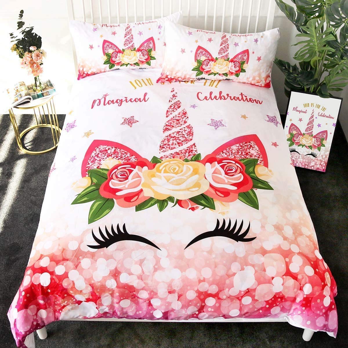 Sleepwish Pink Glitter Unicorn 3-Piece Bedding Set - Twin Size Duvet Cover & Pillowcases for Girls | Cute Cartoon Unicorn & Floral Design | Perfect for Kids' Rooms, Teen Bedrooms & Fantasy Themed Decor