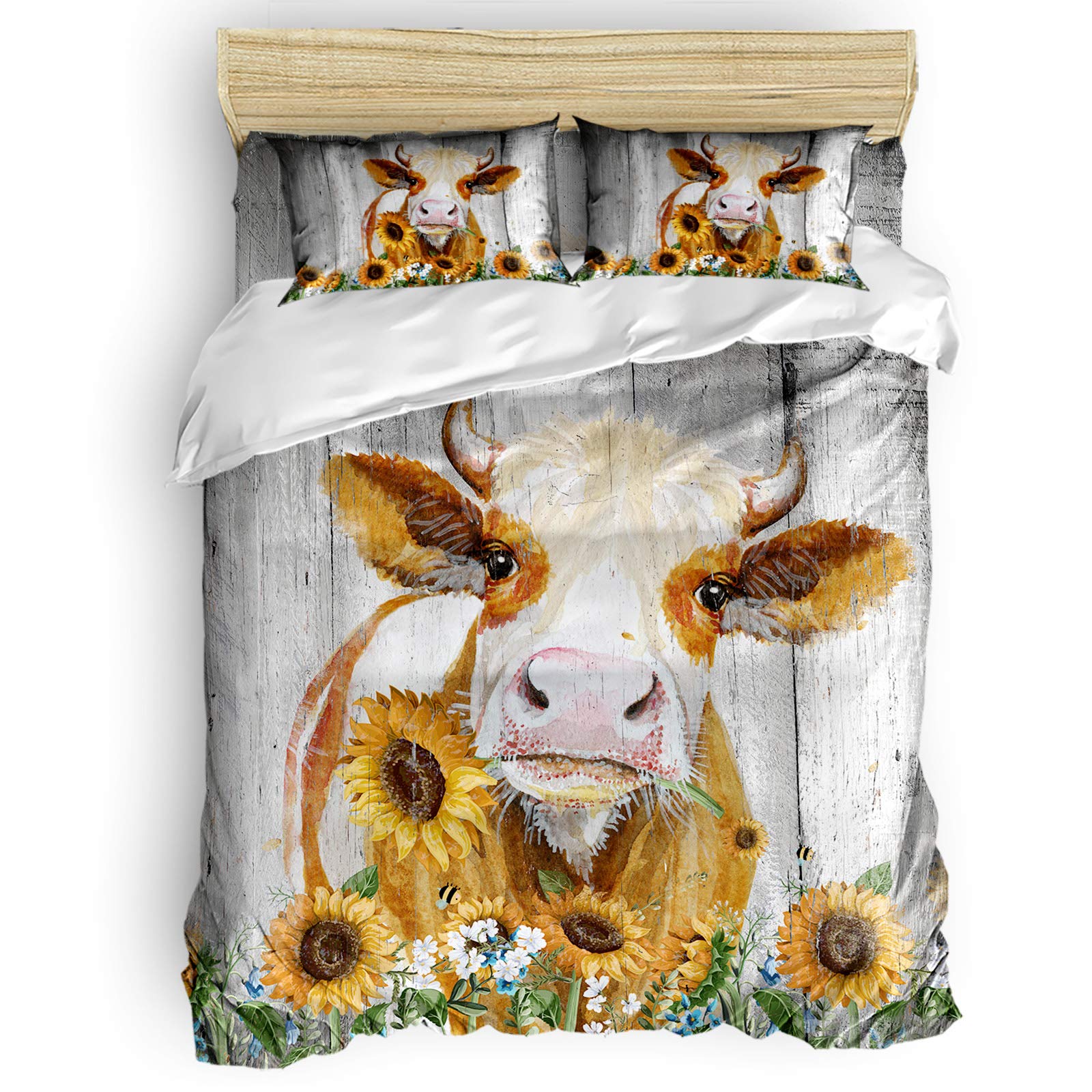 PartyShow 4-Piece Twin Bedding Set - Cute Cow & Sunflower Print Comforter Cover with 2 Pillowcases - Soft Farm Animal Retro Design for Kids' Bedroom - Perfect for Girls, Boys, Teens & Farmhouse Decor
