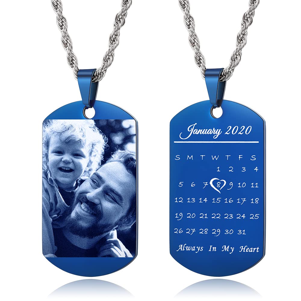 Custom Engraved Dog Tag Necklace for Men - Personalized Photo ID Tag with Calendar Date, Text & Love Note - Perfect Gift for Boyfriend, Father, Dad - Anniversary, Birthday, Valentine's Day Present