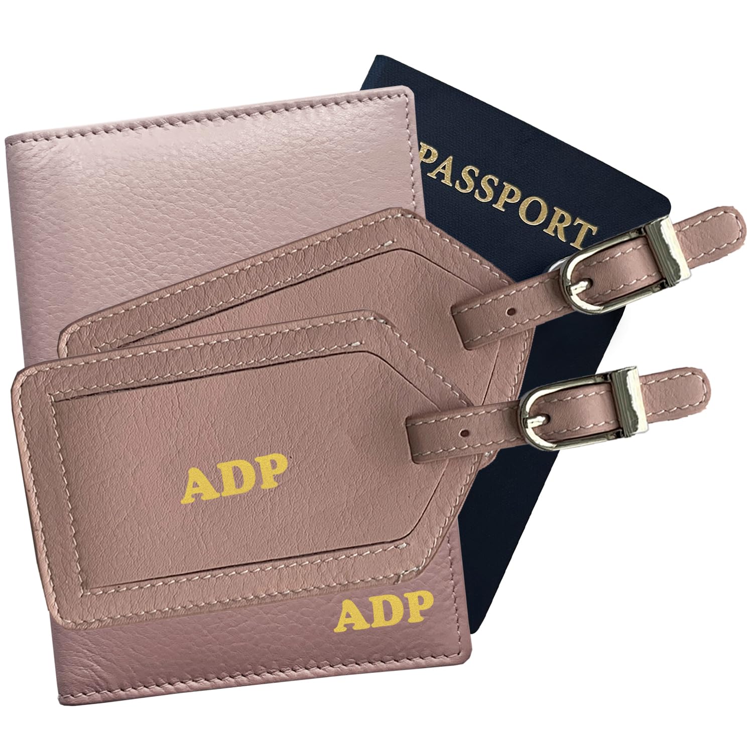 Personalized Monogrammed Blush Leather RFID Passport Wallet with 2 Luggage Tags - Stylish Travel Accessories for Women, Perfect for International Trips & Airplane Security