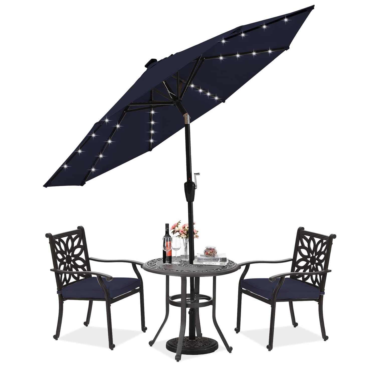 Durable 7.5FT Solar LED Patio Umbrella with 32 Lights - Navy Blue - Weatherproof Outdoor Canopy for Garden, Poolside & Backyard Relaxation