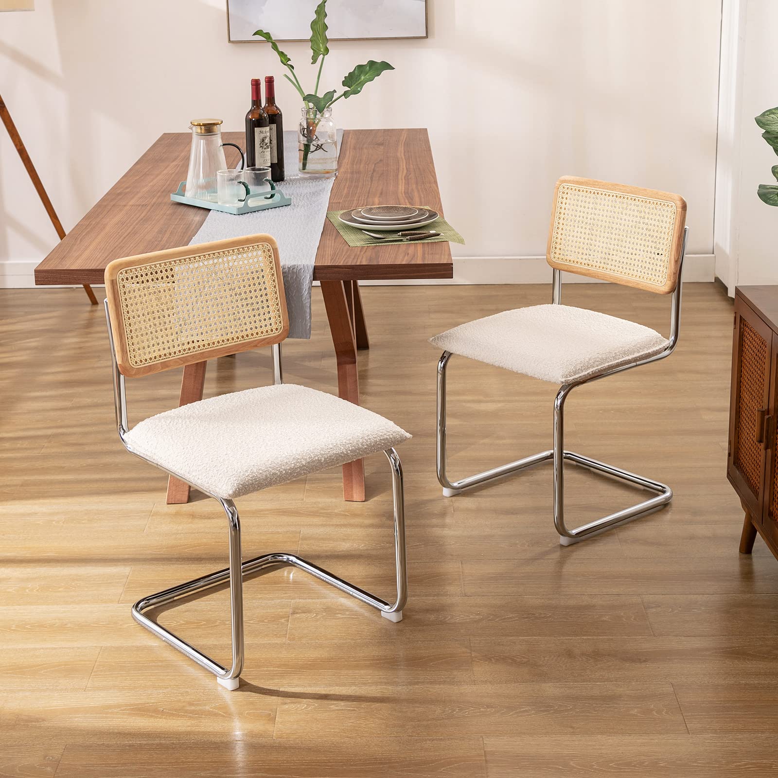 Zesthouse Natural Rattan Dining Chairs Set of 2 - Modern Kitchen Chairs with Solid Wood Back - Mid Century Breuer Design - Upholstered Boule Fabric in White - Perfect for Dining Room, Living Room, Kitchen, and Outdoor Patio