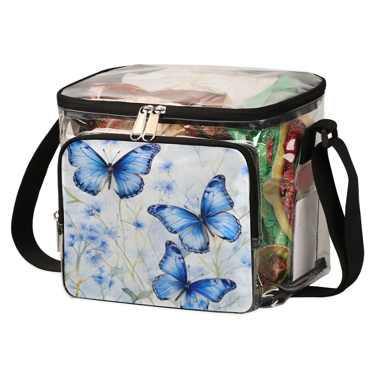 GzLeyigou Blue Butterfly Clear Tote Bag with Handles - Transparent Crossbody Shoulder Bag for Lunch, Outdoor, Travel, Picnic, Concerts & Sports Events - Stadium Approved Clear Purse for Women, Beach Essentials & Festival Accessories