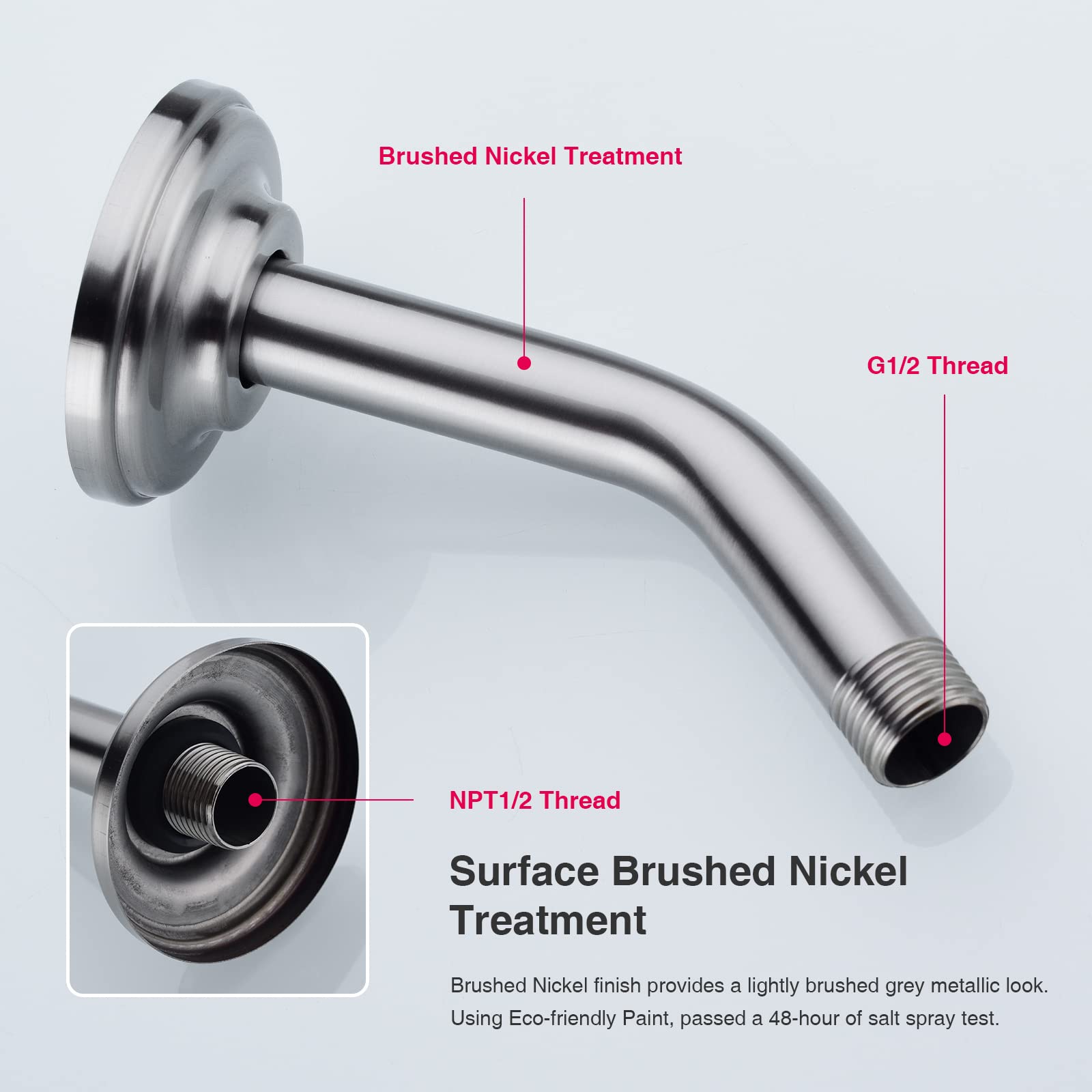 6 Inch Brushed Nickel Shower Arm - Angled Shower Head Extension Pipe with Flange, Stainless Steel Curved Shower Neck for Wall Mounted Rain Shower - Perfect for Bathroom Renovation & Spa-Like Shower Experience