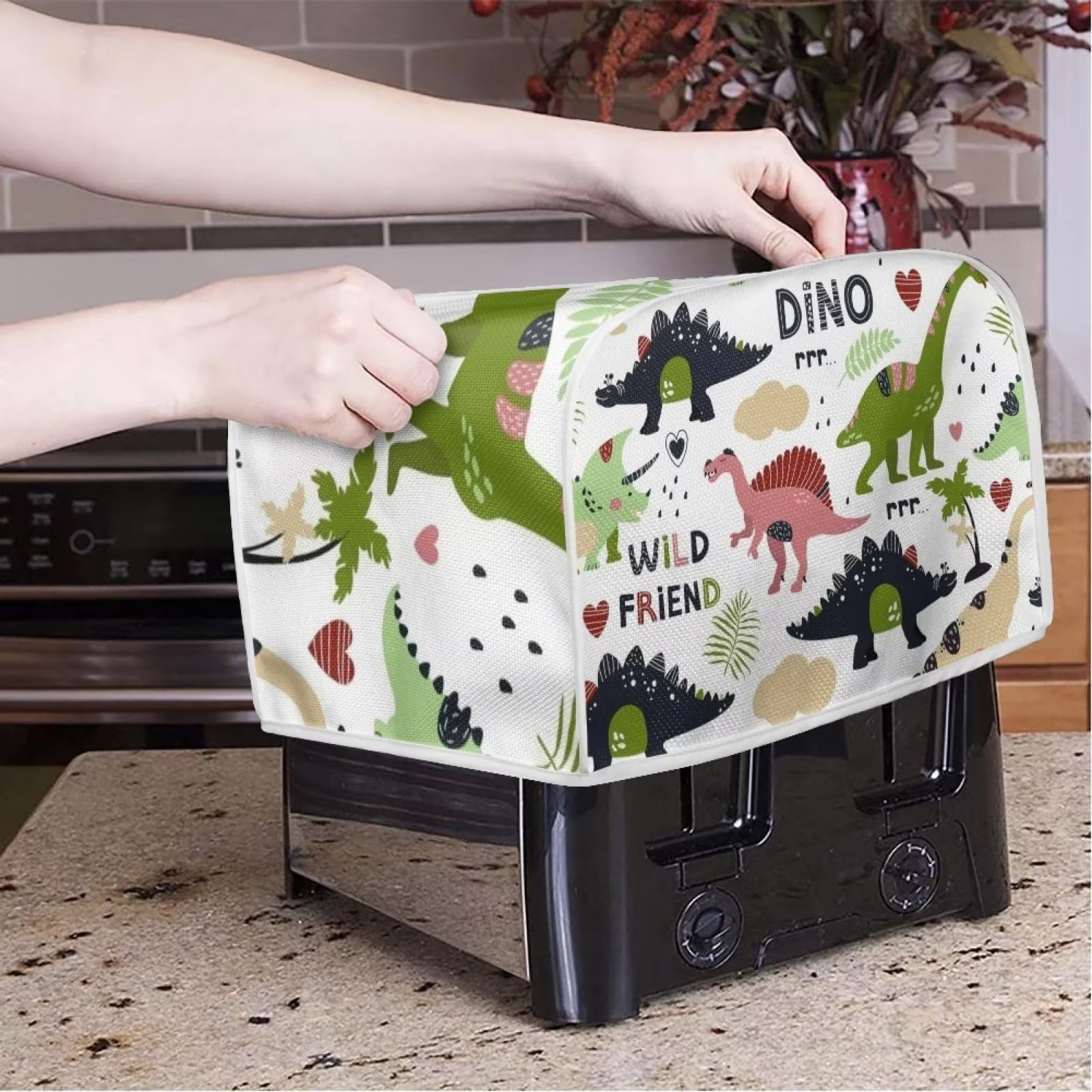 Cute Cartoon Dinosaur Toaster Cover for 4-Slice Toaster - Kitchen Appliance Dustproof Protector, Decorative Bread Maker Cover - Perfect Gift for Women & Home Decor | Ideal for Kitchen, Dining Room & Housewarming Gifts