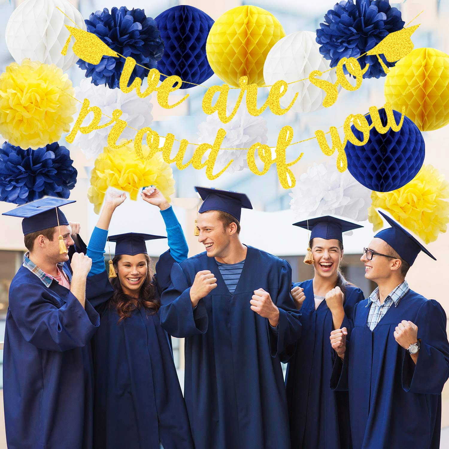 2025 Navy Blue & Yellow Graduation Banner - 'We Are So Proud of You' Decor for Grad Party, Class of 2025 | Perfect for High School & College Graduation Celebrations, Photo Backdrops & Party Decorations