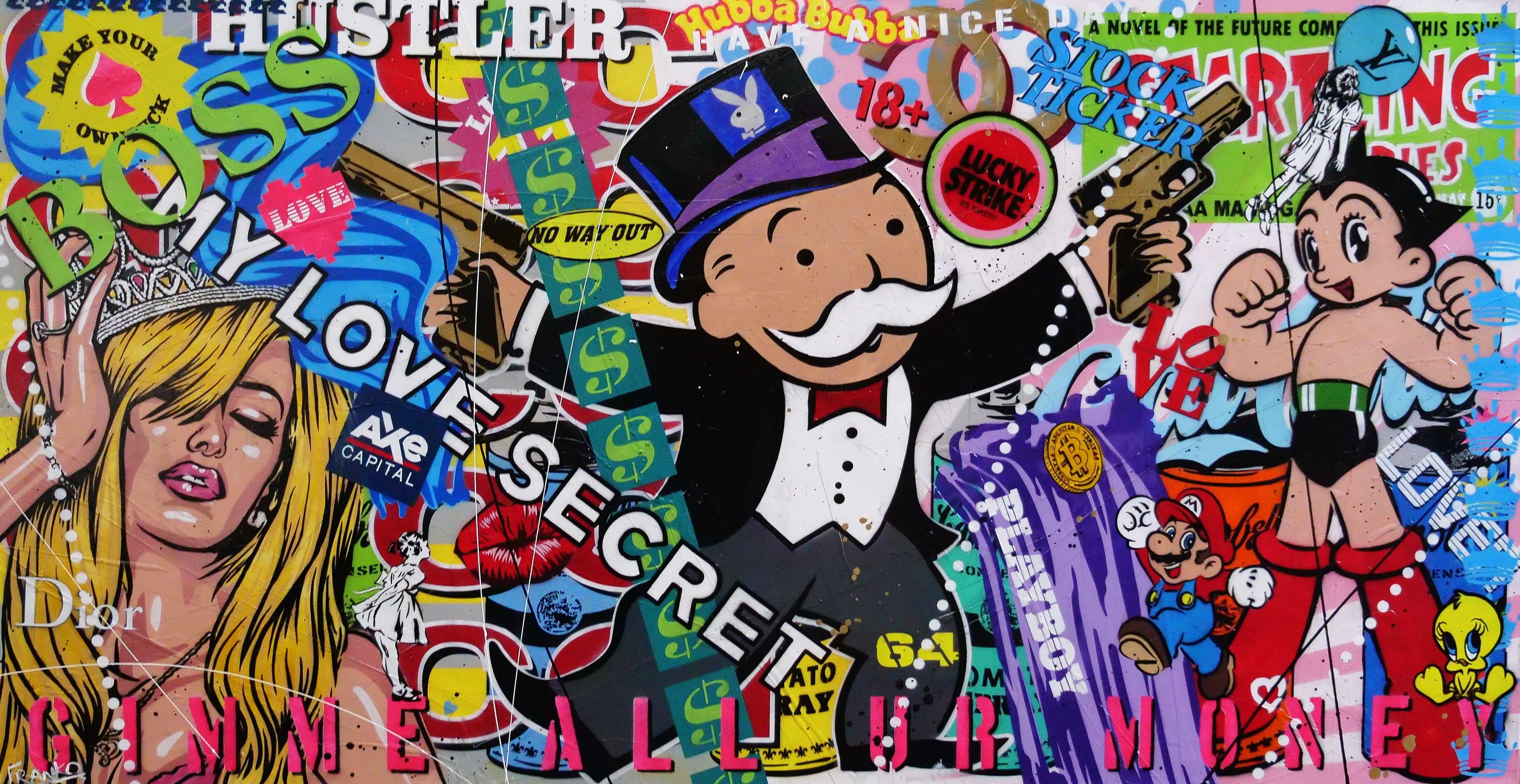 Lucky Strike Monopoly Man Textured Urban Pop Art Canvas Painting - 190cm x 100cm Large Wall Decor for Game Room, Office & Modern Home