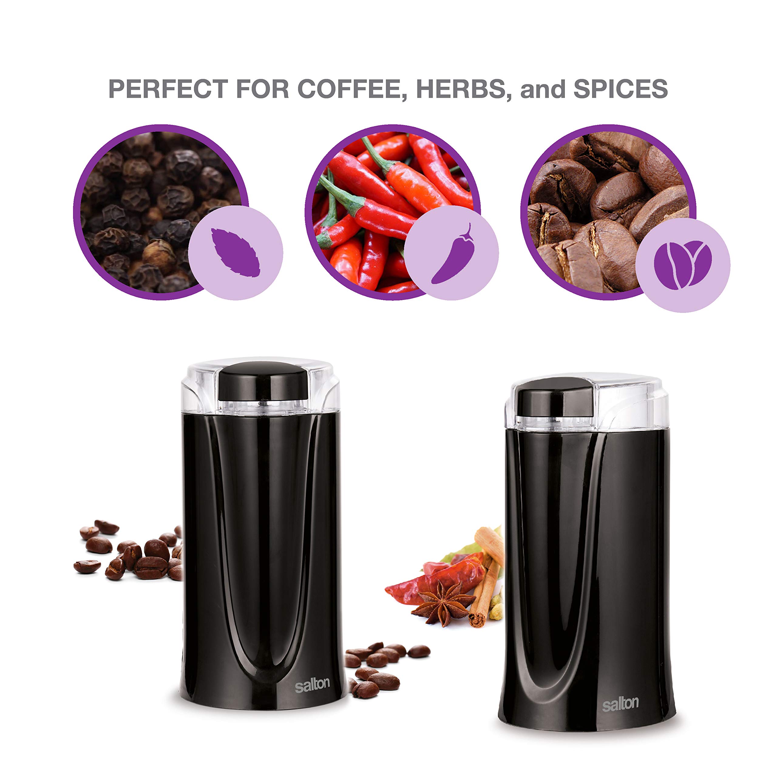 Premium Salton Electric Coffee Grinder for Beans, Spices & Herbs - Fast & Quiet, Black - Perfect for Home Kitchens & Coffee Shops
