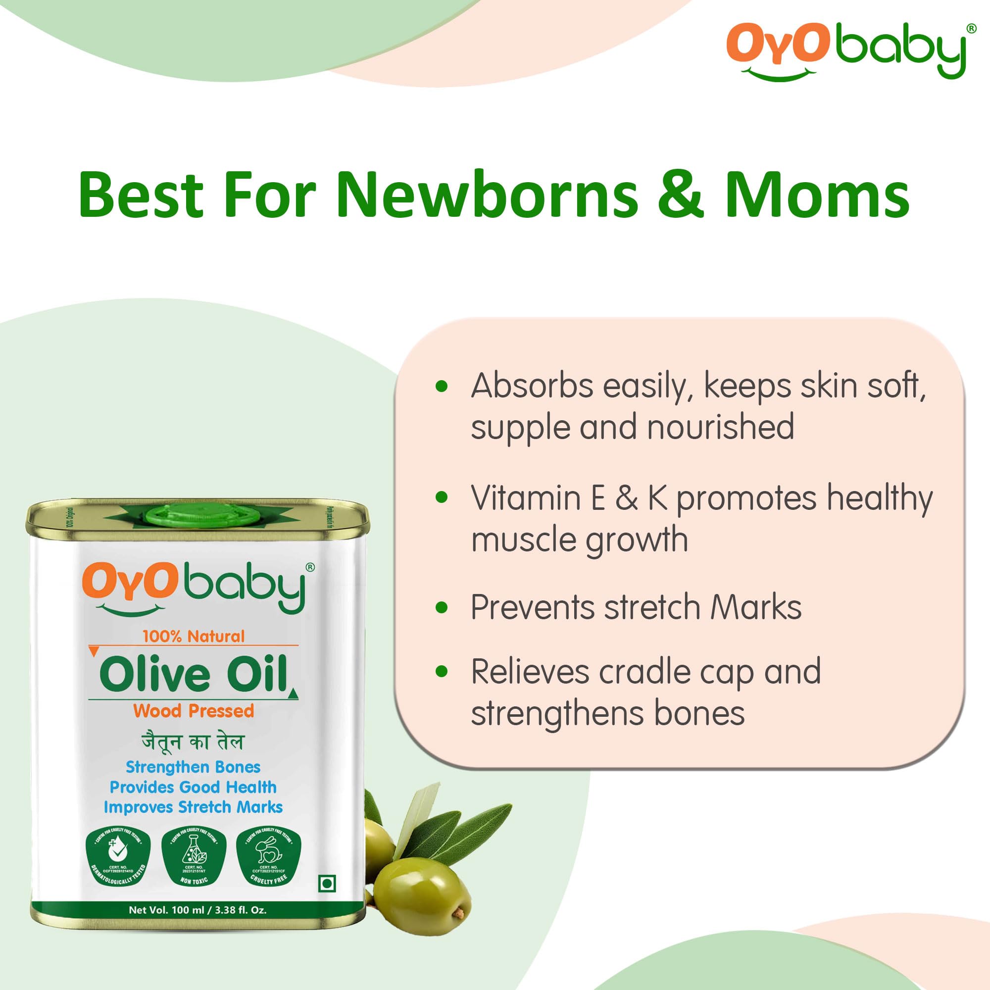 OYO BABY 100% Pure & Natural Olive Massage Oil for Babies - 100ml | Promotes Faster Physical Growth, Stronger Bones & Muscles | Cold Pressed Baby Hair & Body Oil | Ideal for Newborn Massage, Skin Hydration & Relaxation | Pack of 1