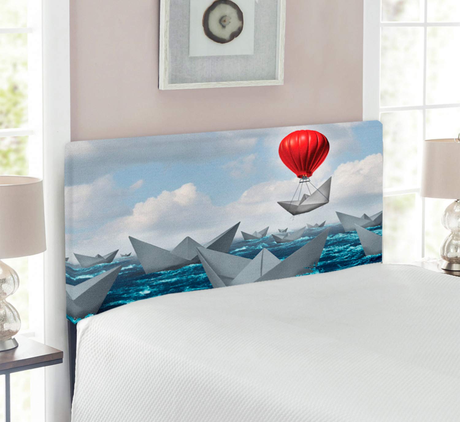 Ambesonne Abstract Upholstered Headboard - Twin Size, Dreamy Paper Boats on Wavy Ocean Design, Memory Foam Metal Bed Headboard in Vermilion Blue Grey | Perfect for Kids Rooms, Guest Bedrooms & Coastal Themed Decor