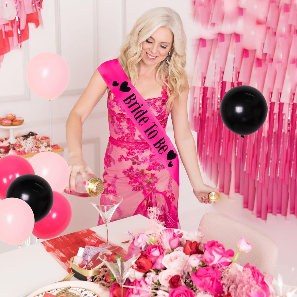 Hot Pink Bachelorette Party Decorations Set - Bride to Be Sash, Lip Balloon, Heart Ring Foil Balloon & Tinsel Curtain for Bridal Shower, Proposal Party & Girls Night | Perfect for Wedding Decor, Bridal Party & Bachelorette Celebrations