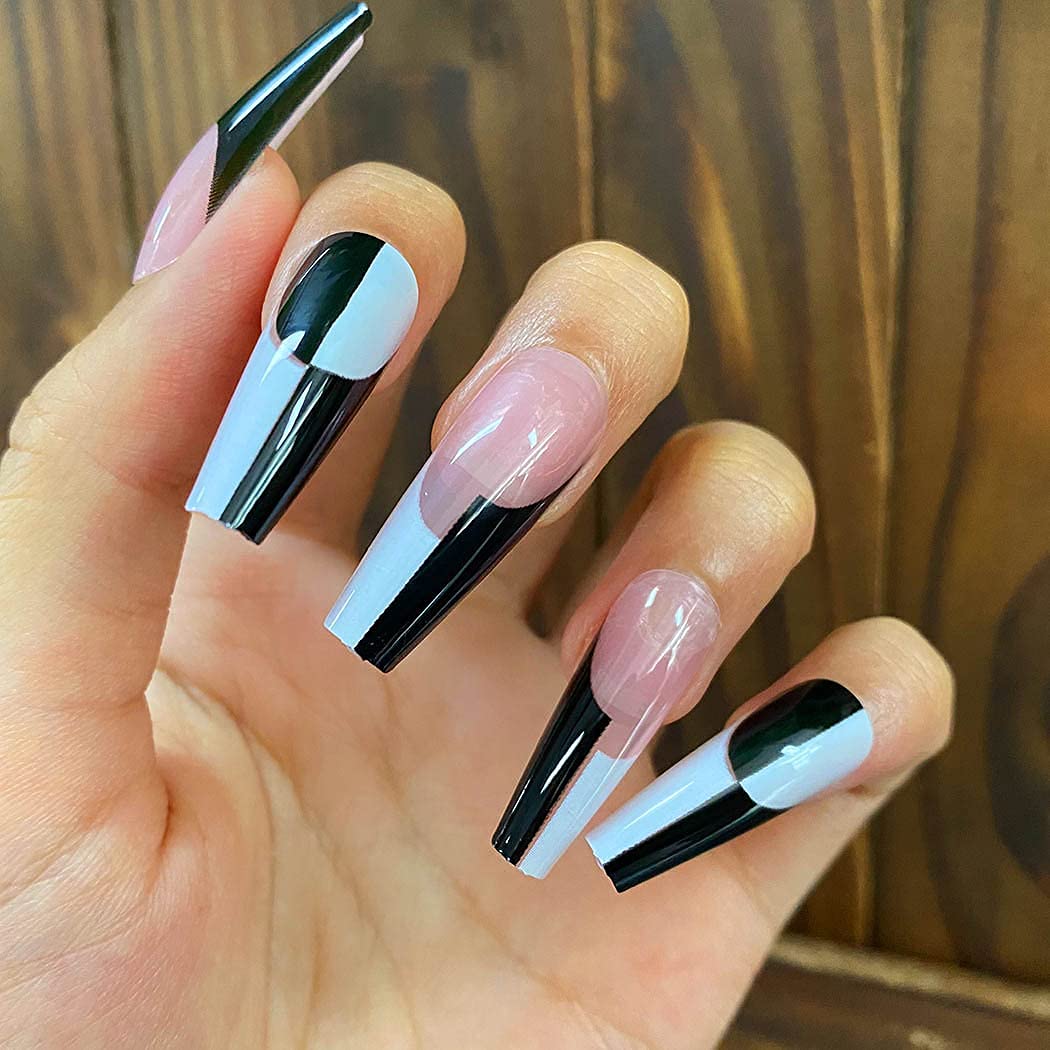 Black and White Geometric Line Art Press On Nails - Extra Long Coffin Ballerina Fake Nails with Glossy Finish - 24Pcs Full Cover Acrylic False Nails for Women & Girls (Style C) - Perfect for Parties, Weddings, and Special Occasions