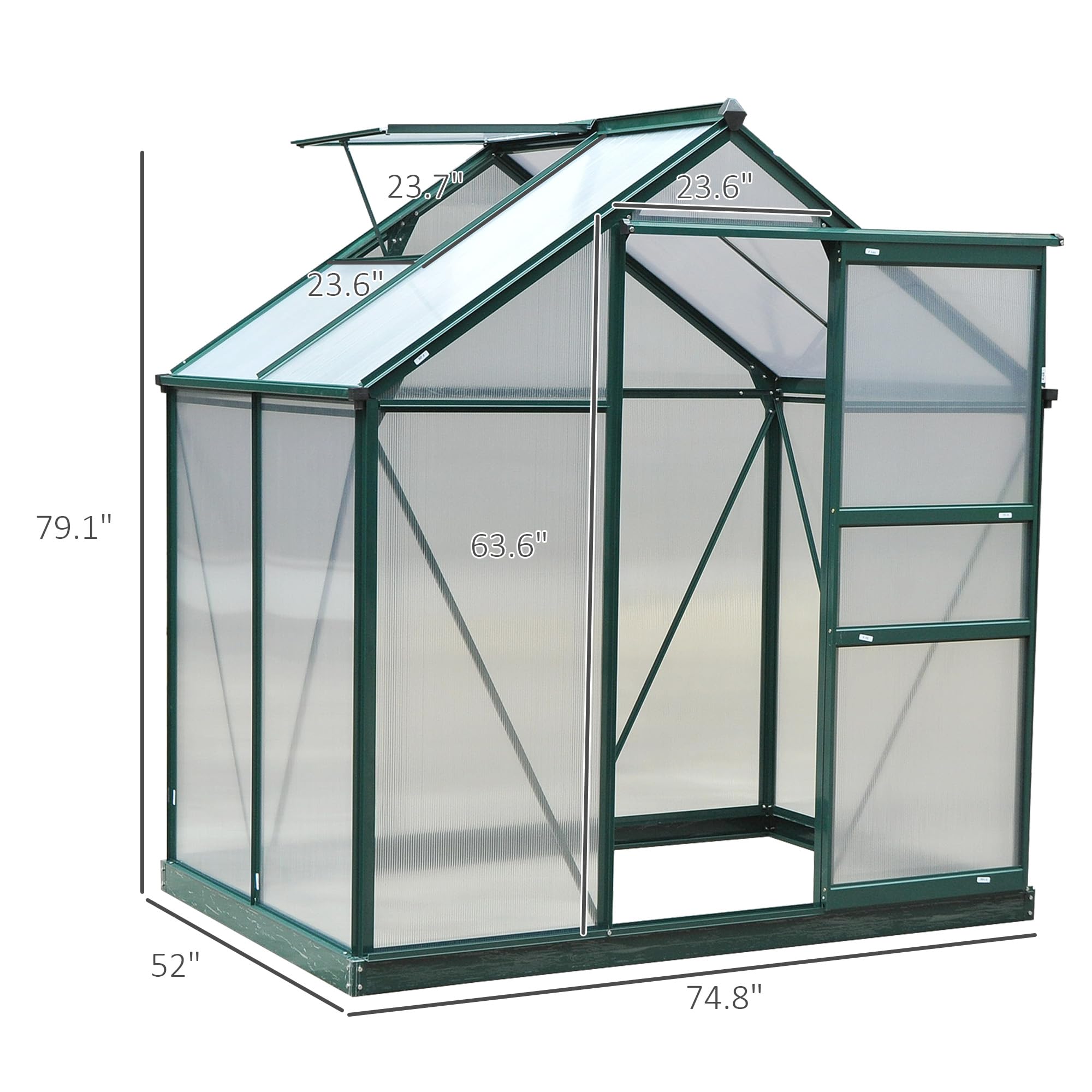 Outsunny 6' x 4' Polycarbonate Walk-in Greenhouse for Outdoor Gardens - Durable Aluminum Frame with Rain Gutter & Roof Vent - Perfect for Backyard, Patio & Home Gardening (Dark Green)